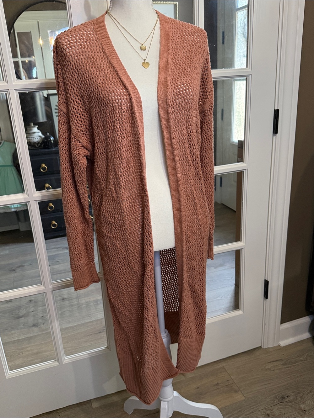 UNIVERSAL THREAD Crochet Lightweight Cotton Rust Long Cardigan BOHO COTTAGECORE